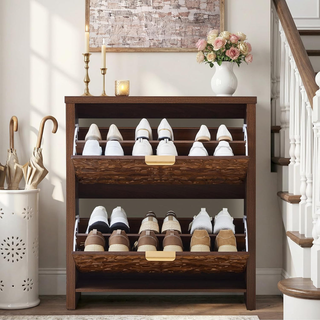 weselon Shoe Cabinet with Flip Drawers, Narrow Shoe Storage Cabinet, 2-Tier Hidden Shoe Organizer with Carved Floral for Entryway, Mid-Century Modern Slim Shoes Storage for Hallway Foyer (1, Walnut)