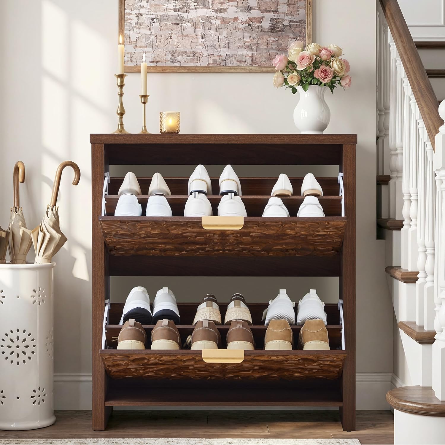 weselon Shoe Cabinet with Flip Drawers, Narrow Shoe Storage Cabinet, 2-Tier Hidden Shoe Organizer with Carved Floral for Entryway, Mid-Century Modern Slim Shoes Storage for Hallway Foyer (1, Walnut)