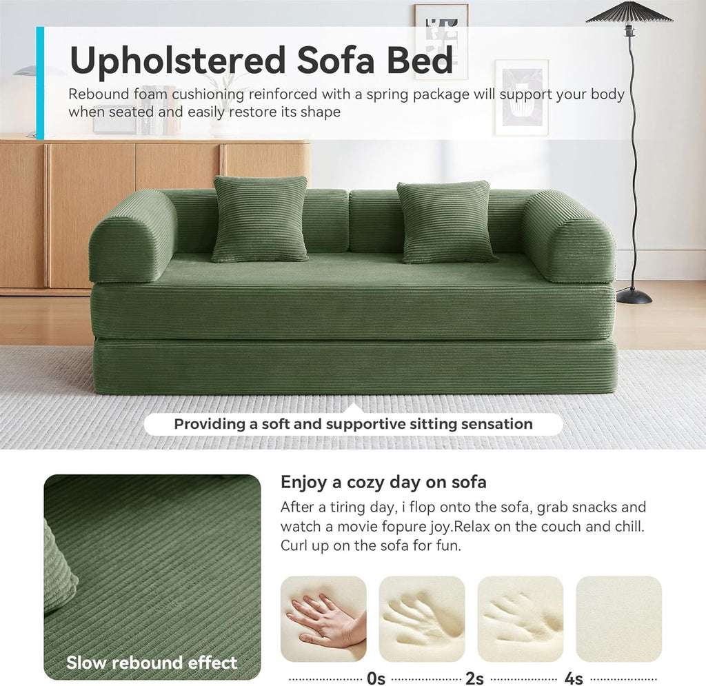 Convertible Floor Sofa Bed with Fixed-Shape Frame, King Size Floor Sleeper 5-in-1 DIY Combination Modular Sofa, Modular Chenille Folding Mattress Couch for Living Room Bedroom Playroom (Green)