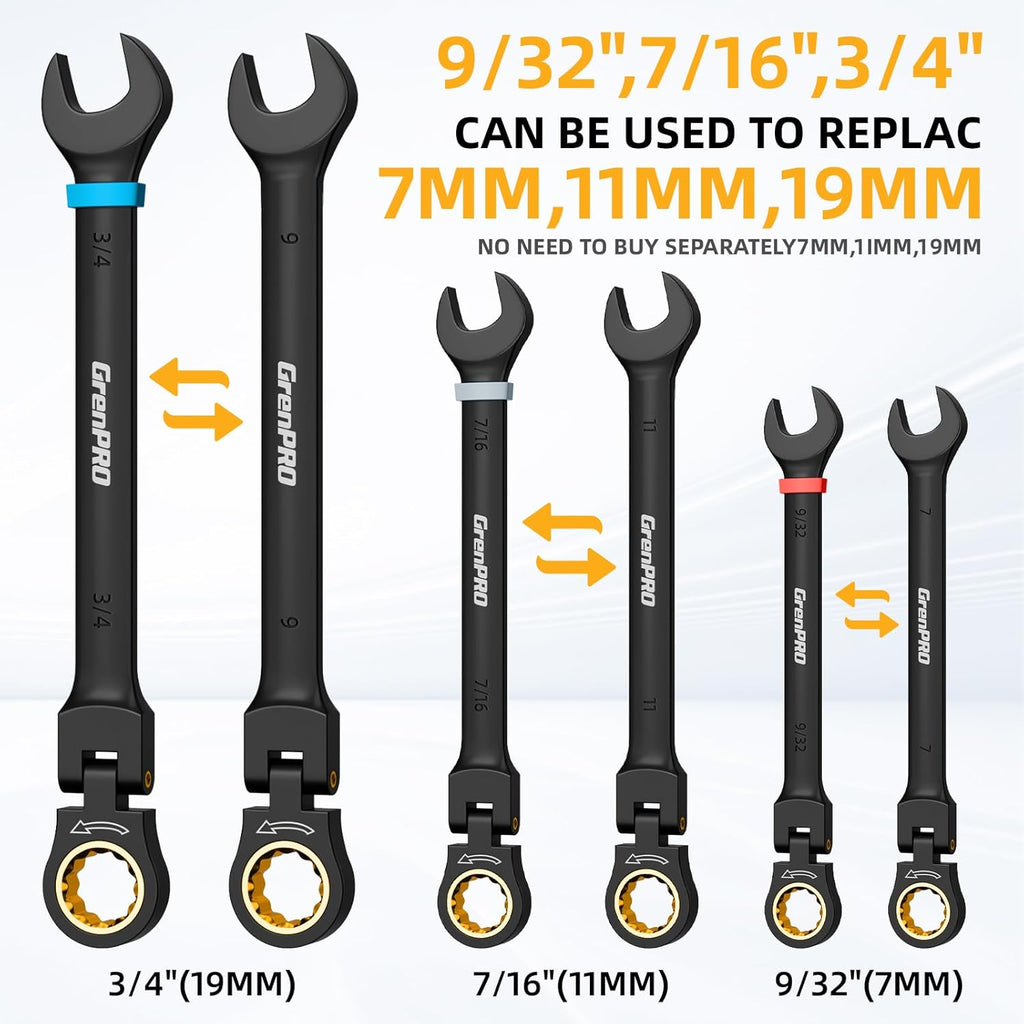 GRENPRO Ratchet Wrenches Set, 23PCS Flex Head Ratcheting Wrench Set Metric and Standard & SAE with Color Ring, 6-18mm & 1/4"-3/4", Mechanics Tool Box Organizer, Large Open End Combination Wrench Sets