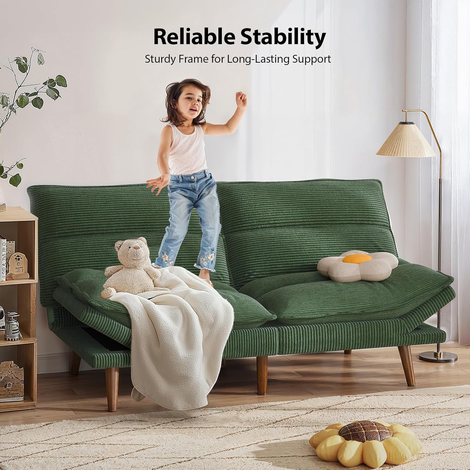 Pipishell Futon Sofa Bed, Convertible Futon Adjustable Backrest & Armrests, Corduroy Sleeper Couch for Small Spaces, Living Room, Office, Guest Room (Moss Green, 66 Inch)
