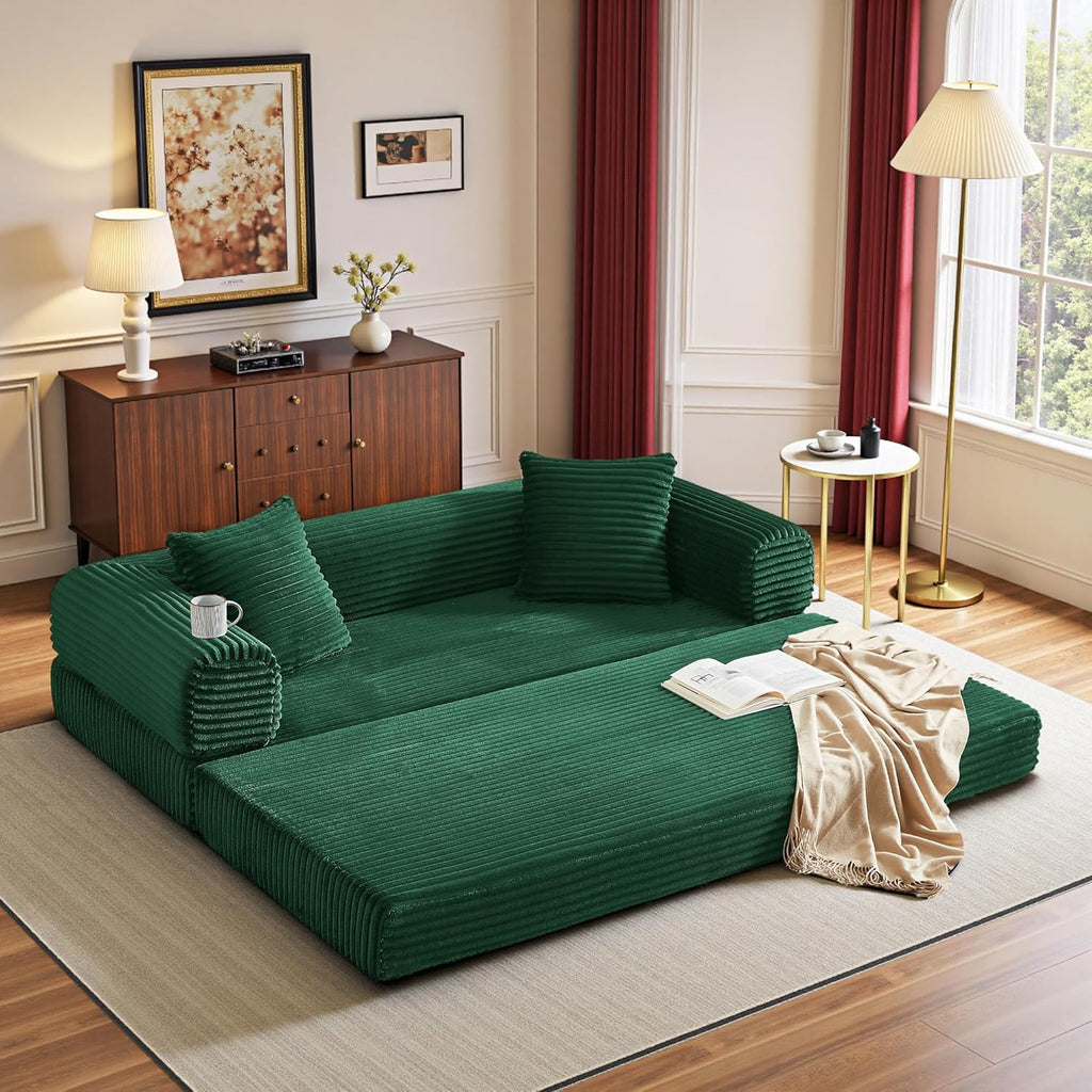 Boneless Couch Versatile Couches for Living Room No-Install Sofa Bed Corduroy Futon Soft Cloud Couch with Pillows for Bedroom Game Movie (Green, 76")