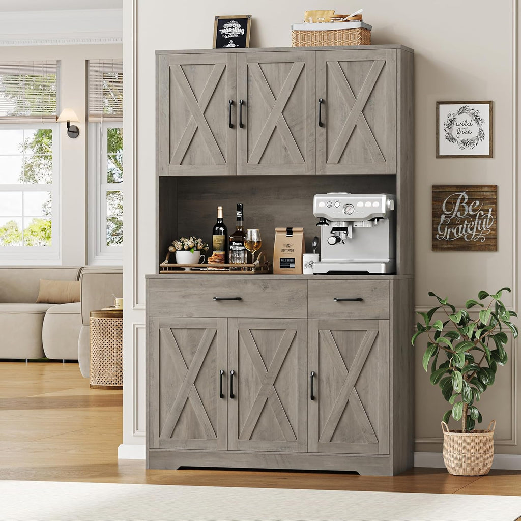 HOSTACK 71" Pantry Cabinet with Charging Station, Tall Kitchen Pantry Storage Cabinet with Microwave Stand, Farmhouse Kitchen Hutch with Storage Drawers for Living Room, Dining Room, Ash Grey