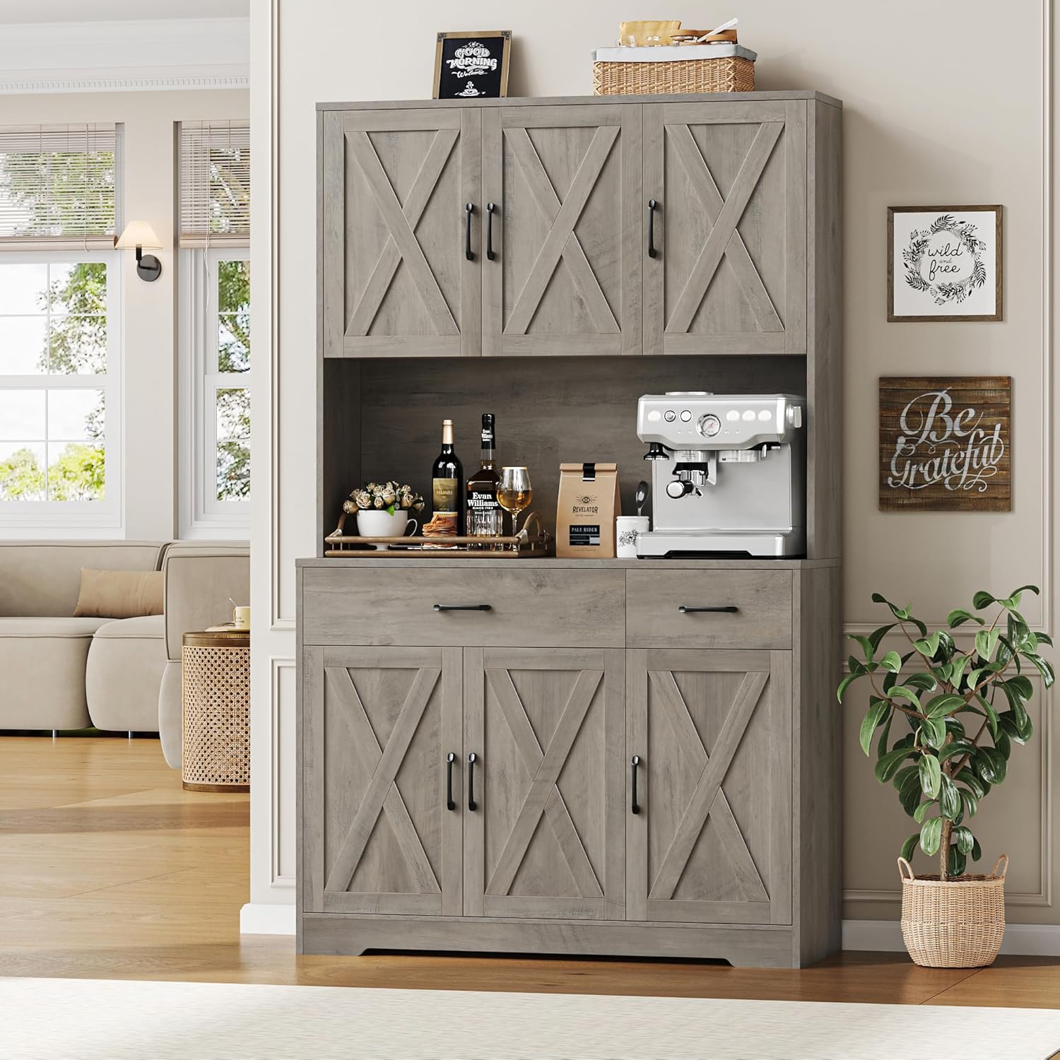 HOSTACK 71" Pantry Cabinet with Charging Station, Tall Kitchen Pantry Storage Cabinet with Microwave Stand, Farmhouse Kitchen Hutch with Storage Drawers for Living Room, Dining Room, Ash Grey