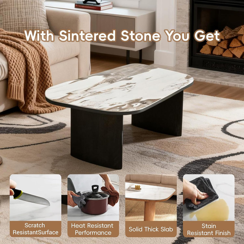 Luxury Marble Coffee Table, Premium Sintered Stone Top, Natural Wood Look Base, Modern Design Stone Cocktail Table, Marble Top Coffee Table for Living Room, Sculptural Contemporary Center Table