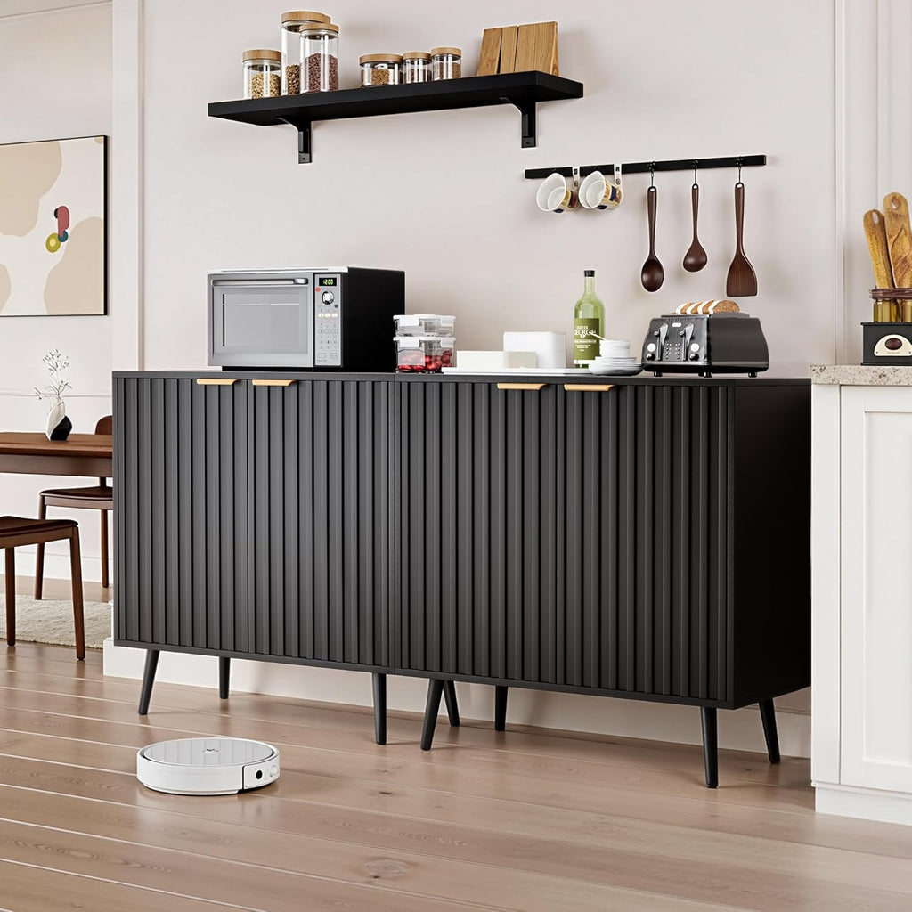 Black Fluted Buffet Cabinet, Free Standing Sideboard with Storage, Wood Accent Cabinet with Doors & Shelf, Modern Credenza, Sideboard Buffet Cabinet for Living Room, Dining Room(1, Black)