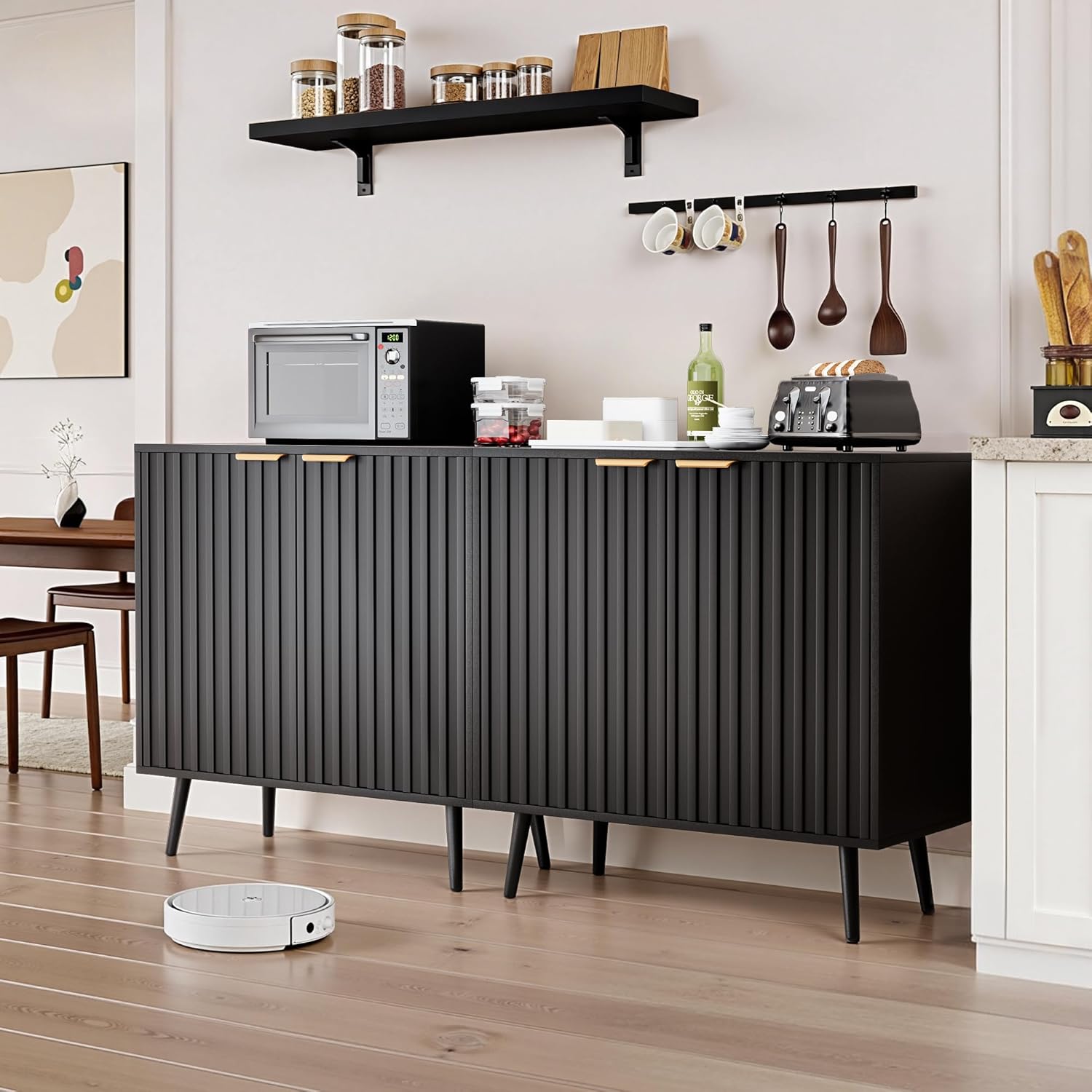 Black Fluted Buffet Cabinet, Free Standing Sideboard with Storage, Wood Accent Cabinet with Doors & Shelf, Modern Credenza, Sideboard Buffet Cabinet for Living Room, Dining Room(1, Black)