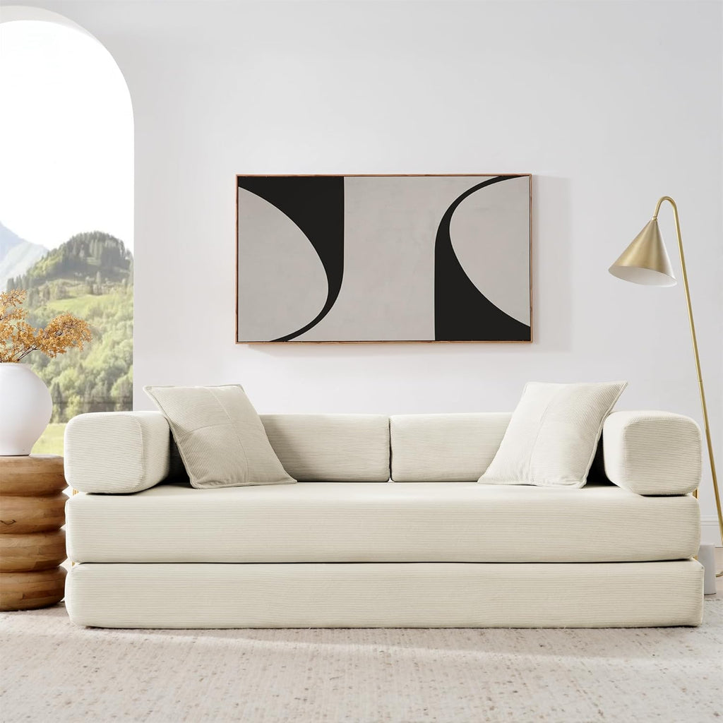 4-in-1 Folding Convertible Sofa Bed, 78 Inch Boneless Couch with Fixed-Shape Frame, Corduroy Loveseat Sleeper with Pull Out Bed, Floor Sofa Modular Futon Couch for Living Room Bedroom Lounge (Beige)