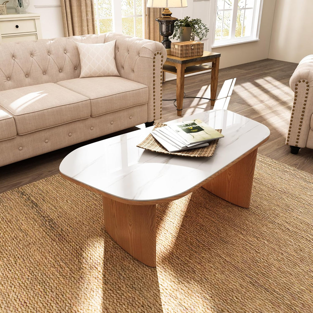 Luxury Marble Coffee Table, Premium Sintered Stone Top, Natural Wood Look Base, Modern Design Stone Cocktail Table, Marble Top Coffee Table for Living Room, Sculptural Contemporary Center Table