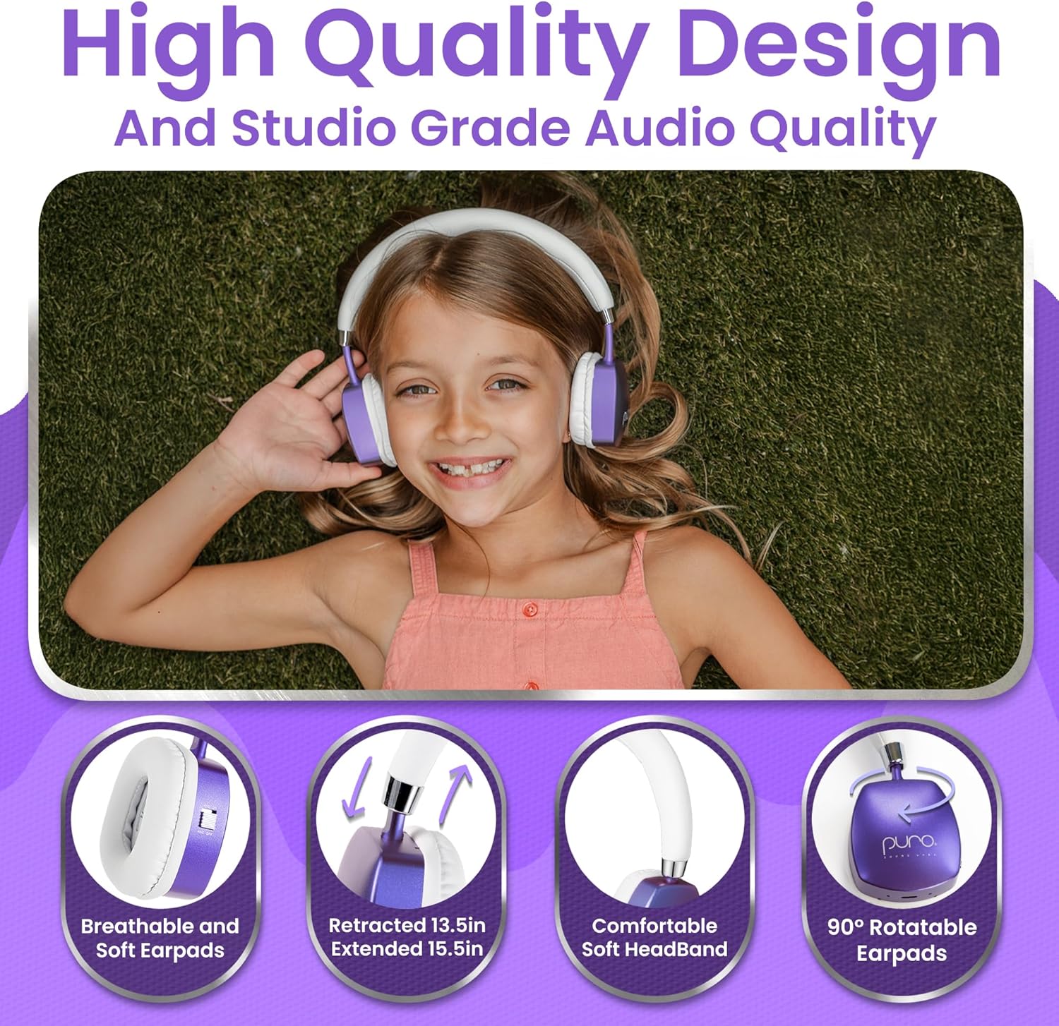 Puro Sound Labs Noise Cancelling Headphones for Kids - 85 dB Volume Limit, Built in Mic, 35-Hour Battery, Lightweight On Ear Design & Comfy Fit, Bluetooth Headphones for Kids – PuroQuiet Plus, Purple