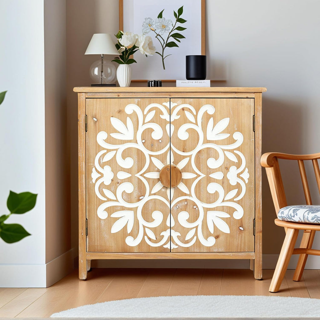 Small Entryway Cabinet with Storage - Farmhouse Cabinet for Living Room, Decorative Storage Cabinet with Floral Carvings, Antique Brown & White Accent Cabinets