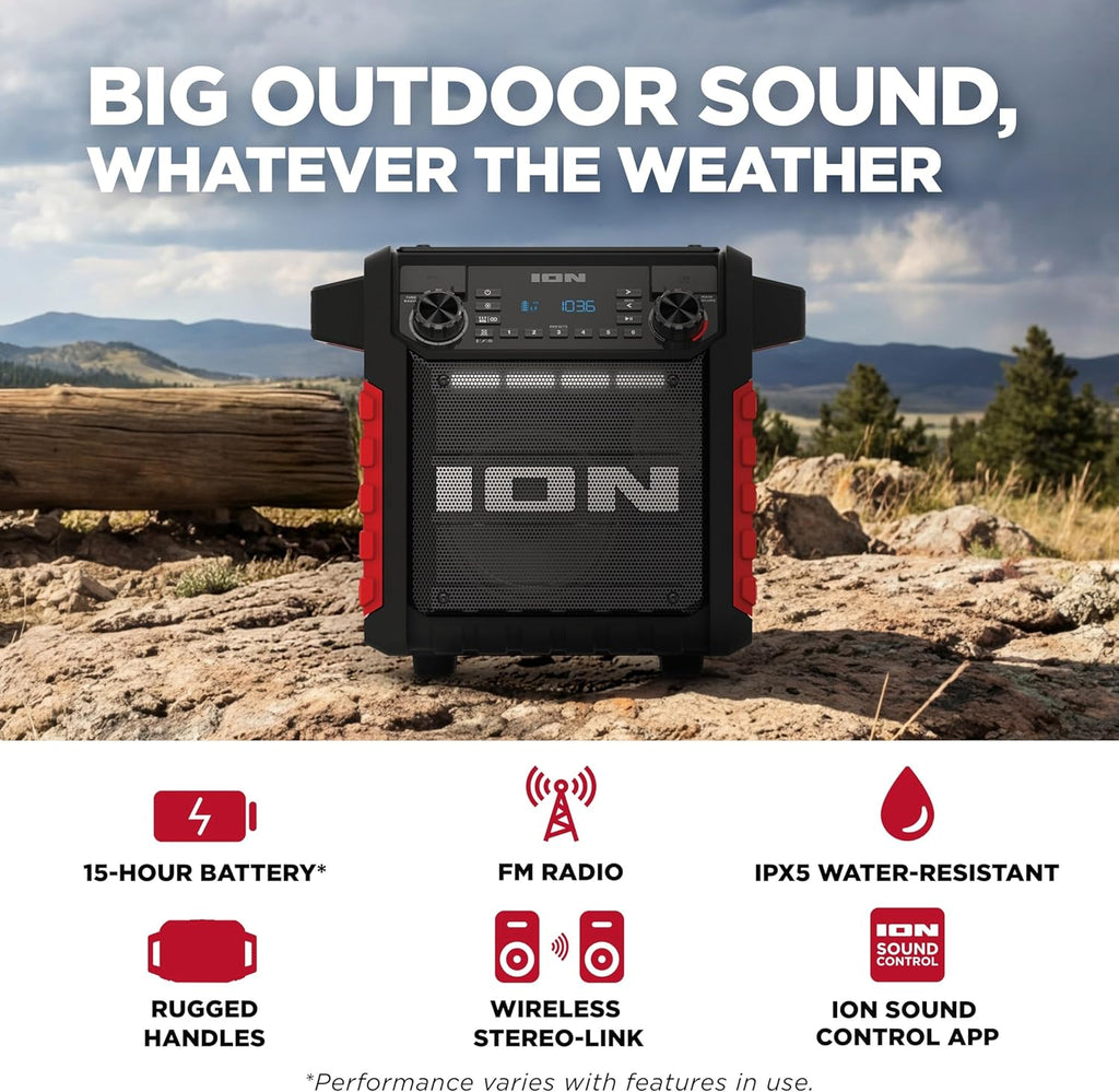 ION Tailgater Classic Outdoor Portable Bluetooth Speaker with Rechargeable Battery, FM Radio, USB Port, IPX5 Water-Resistant, 6.5" Woofer, App, Red