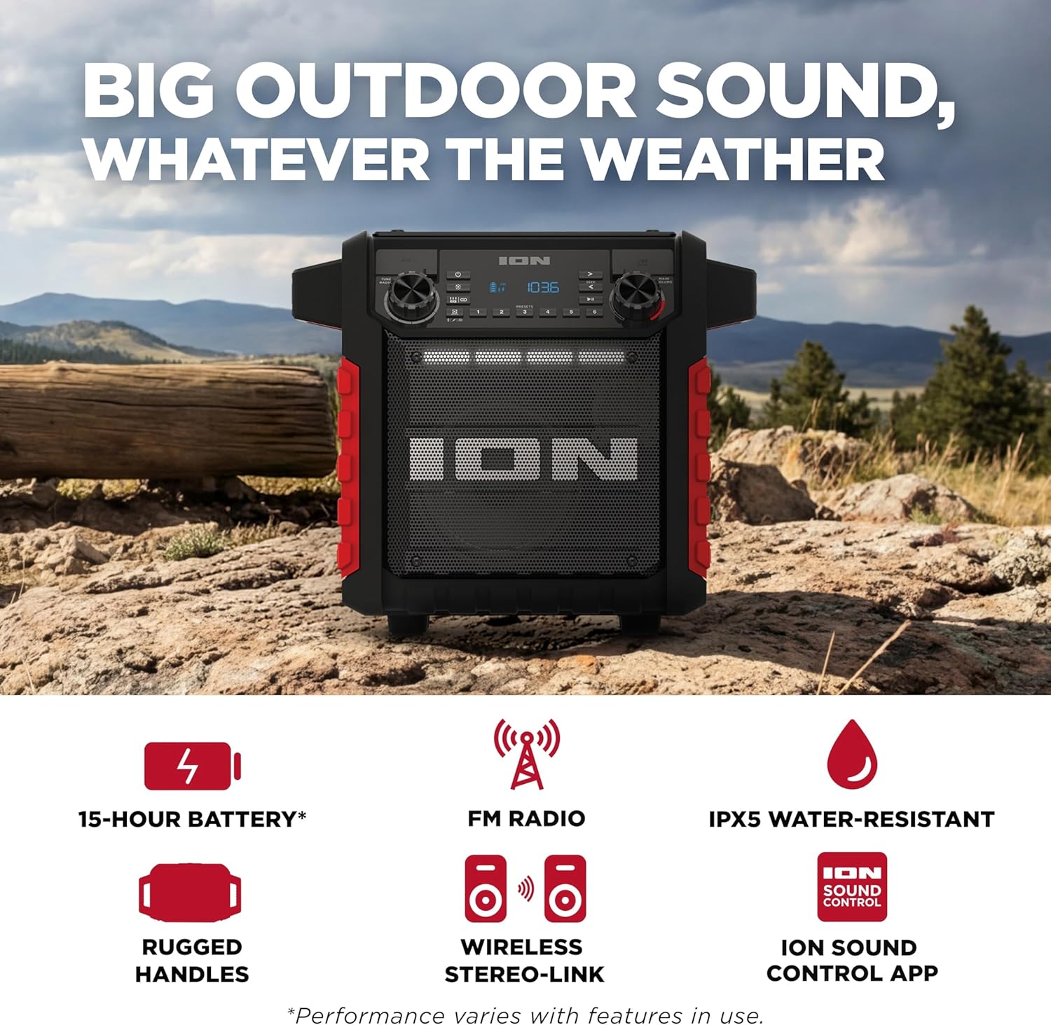 ION Tailgater Classic Outdoor Portable Bluetooth Speaker with Rechargeable Battery, FM Radio, USB Port, IPX5 Water-Resistant, 6.5" Woofer, App, Red