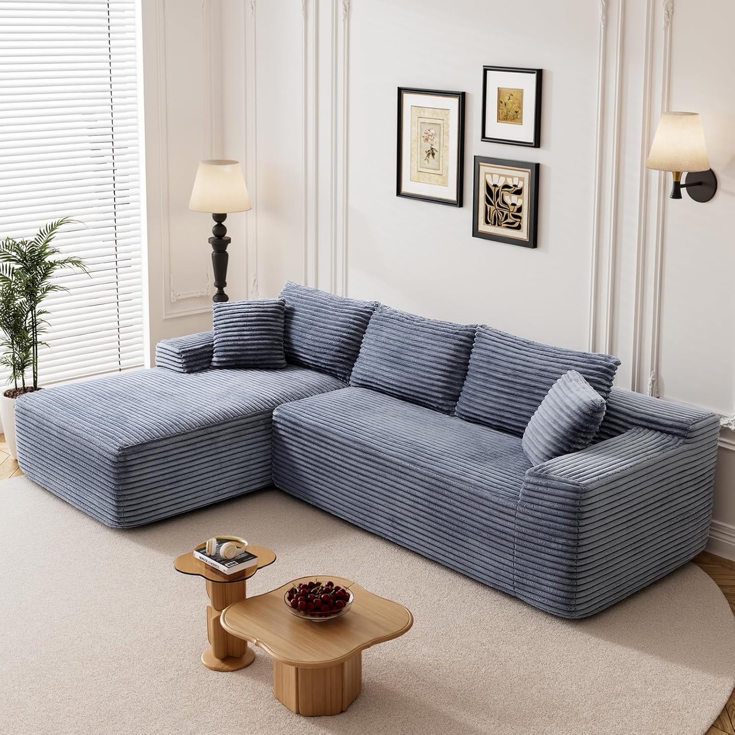 95" Boneless Cloud Sectional Couches for Living Room, Comfy Fluffy L Shaped Memory Foam Deep Seat Boneless Couch, Modular Sectional Sofa with Left Facing Chaise, Grey