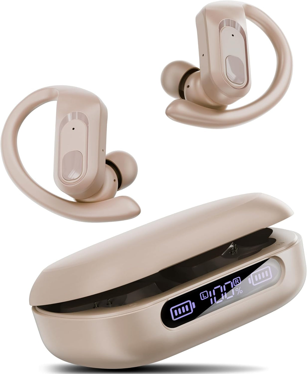 occiam Active Noise Cancelling Wireless Earbuds Bluetooth Headphones Ear Buds 96Hrs Playback Clear Call Waterproof Earphones with Ear Hook Microphones for Sport Running Off-White