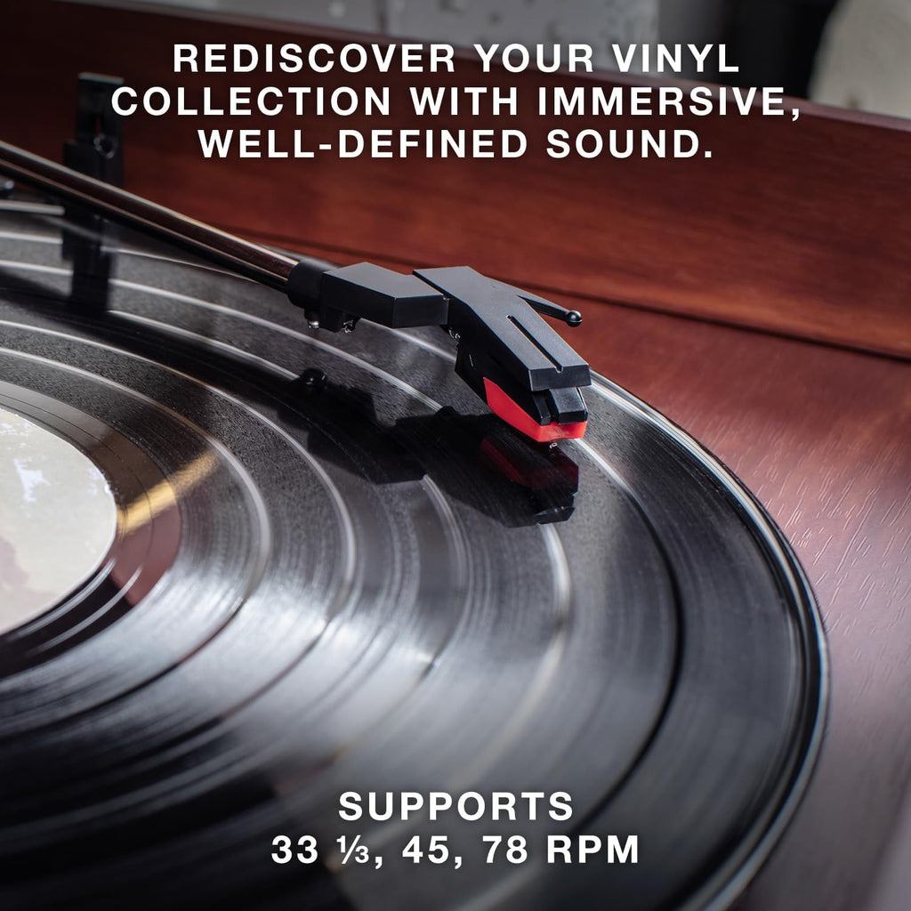 Victrola The Quincy 6-in-1 Bluetooth Record Player & Multimedia Center with Built-in Speakers – 3-Speed Turntable, CD & Cassette Player, FM Radio, Wireless Music Streaming (Mahogony)