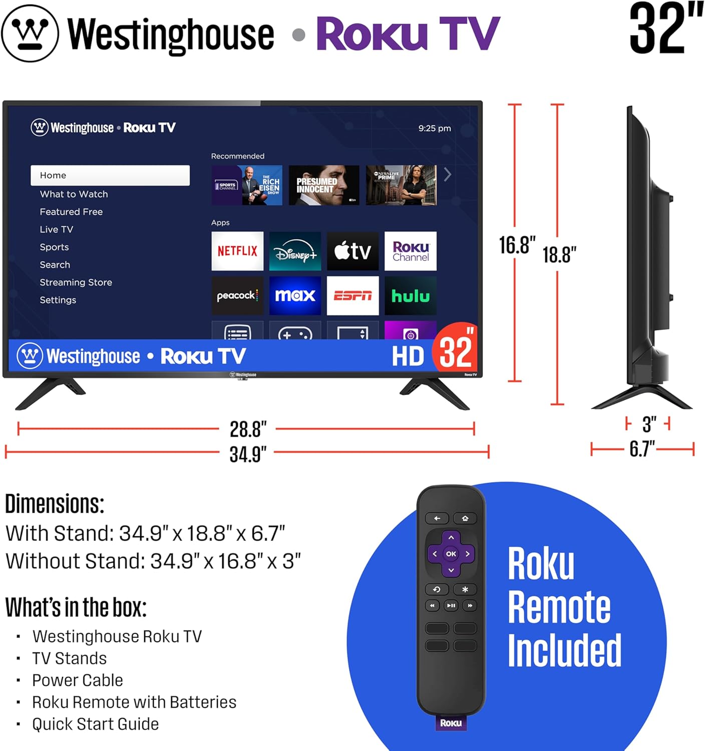 Westinghouse Roku TV - 32 Inch Smart TV, HD Television with Wi-Fi Connectivity and Mobile App, Flat Screen, Bluetooth, Compatible with Apple AirPlay, Alexa and Google Assistant