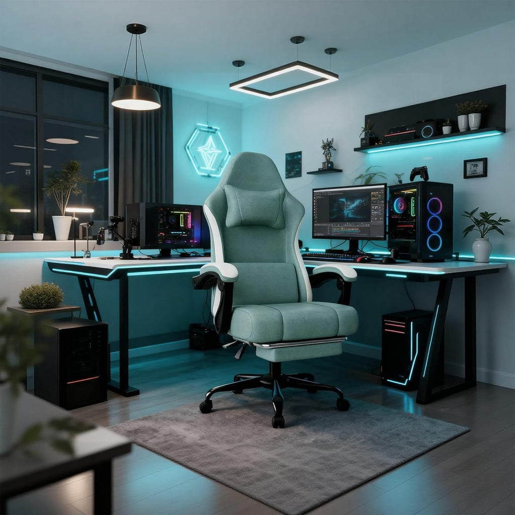 Gaming Chair, High Back Fabric Computer Chair with Pocketed Spring Cushion and Footrest, Height Adjustable Game Chair with Headrest and Lumbar Support (Beige & Blue)