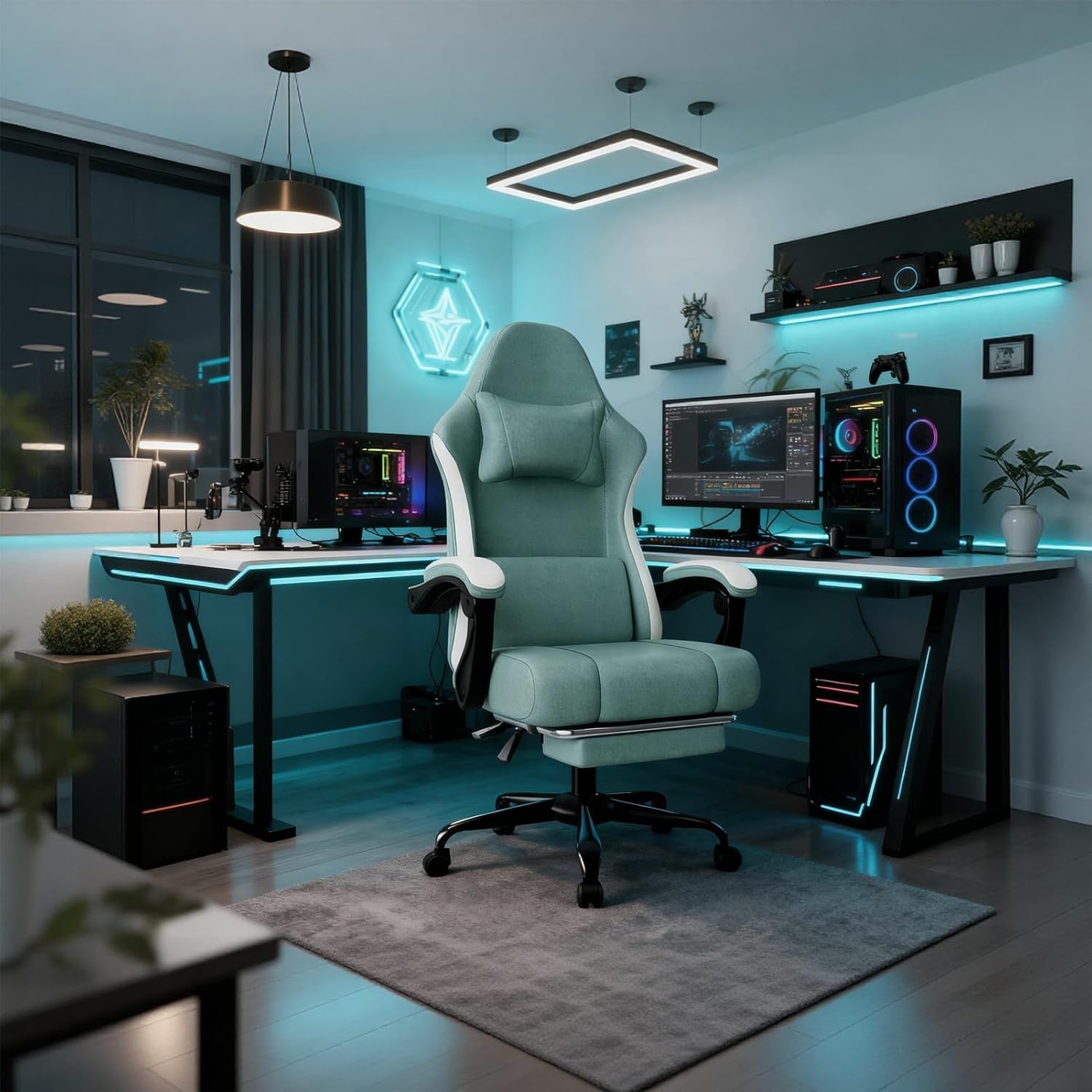 Gaming Chair, High Back Fabric Computer Chair with Pocketed Spring Cushion and Footrest, Height Adjustable Game Chair with Headrest and Lumbar Support (Beige & Blue)