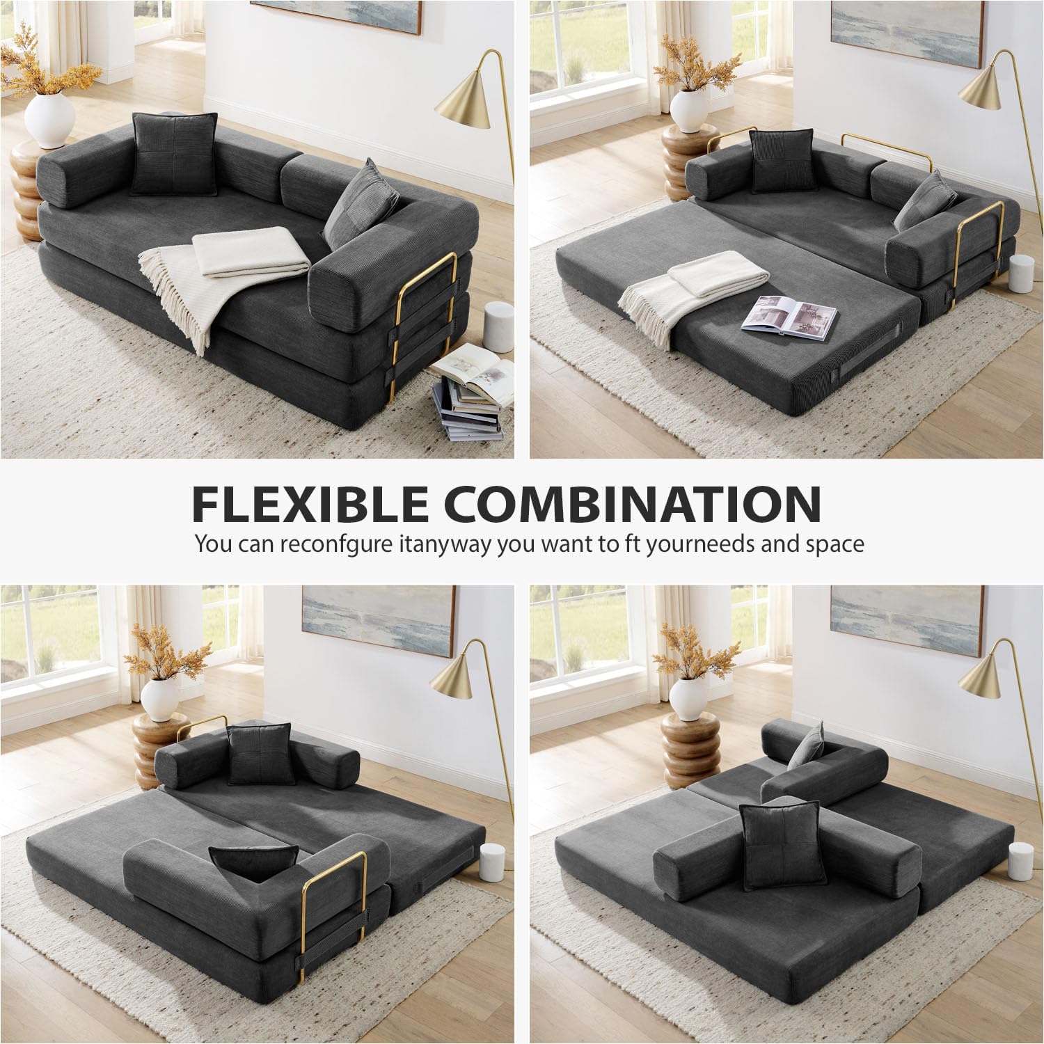 4-in-1 Folding Convertible Sofa Bed, 78 Inch Boneless Couch with Fixed-Shape Frame, Corduroy Loveseat Sleeper with Pull Out Bed, Floor Sofa Modular Futon Couch for Living Room Bedroom Lounge (Grey)