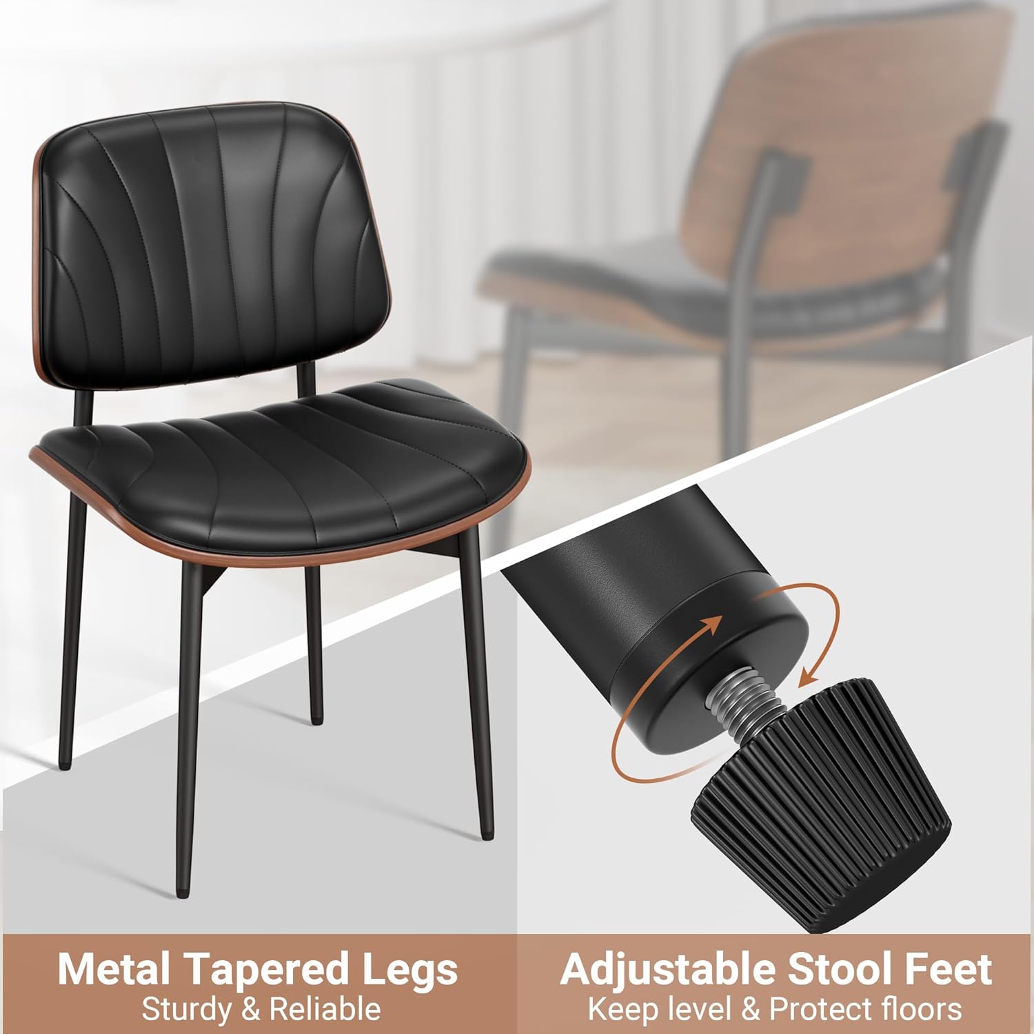 REONEY Dining Chairs Set of 4, Mid-Century Modern Upholstered PU Leather Chairs with Walnut Bentwood Back and Metal Legs Adjustable Feet for Kitchen Dining Room, Black Shell Strips