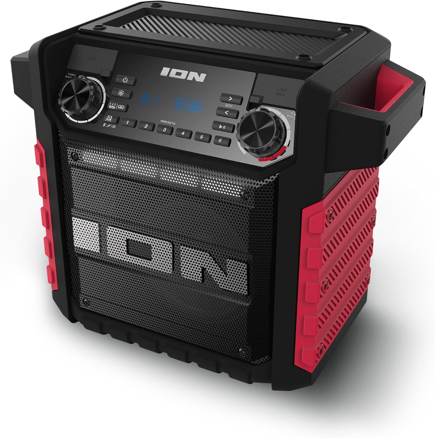 ION Tailgater Classic Outdoor Portable Bluetooth Speaker with Rechargeable Battery, FM Radio, USB Port, IPX5 Water-Resistant, 6.5" Woofer, App, Red