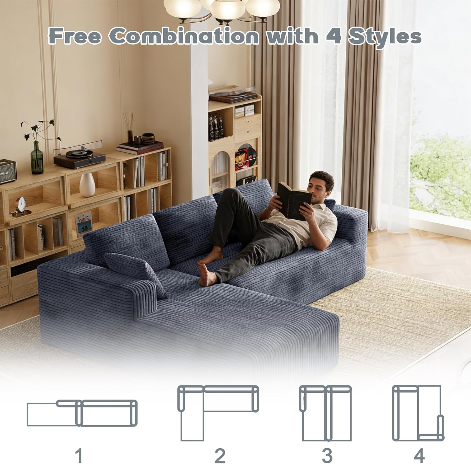 106" Corduroy Sectional Couch, Boneless L Shaped Couch with Deep Seat, Cloud Foam Sofa with Oversized Chaise, Sectional Sofa No Assembly Needed for Living Room