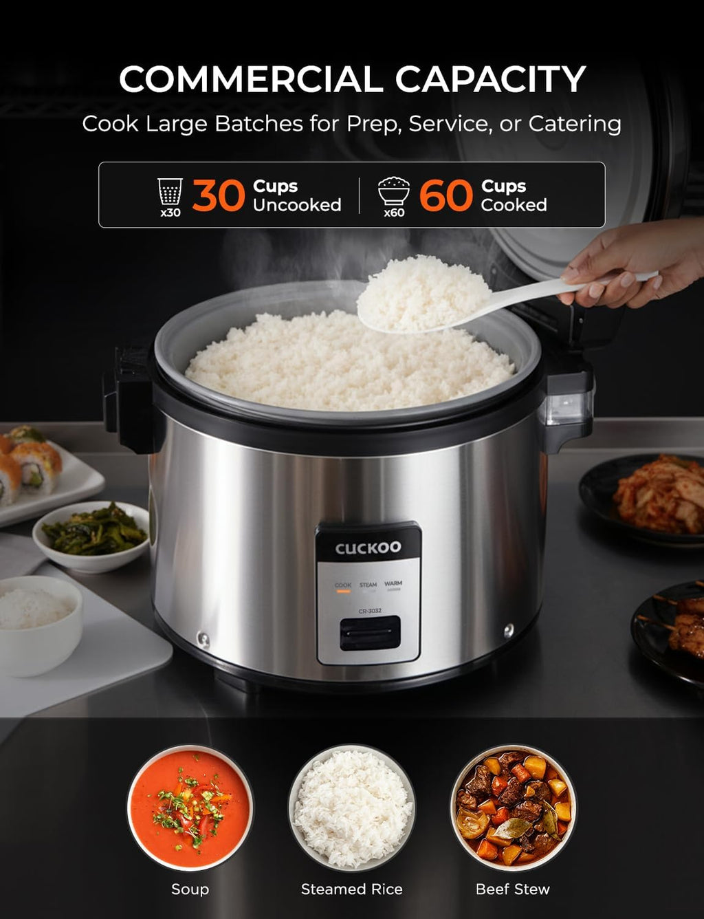 CUCKOO Commercial Rice Cooker & Warmer, Extra Large Rice Cooker 30-Cup Uncooked / 60-Cup Cooked, Professional Industrial Grain Cooker with Large Capacity, Easy One-Touch Operation, Silver (CR-3032)