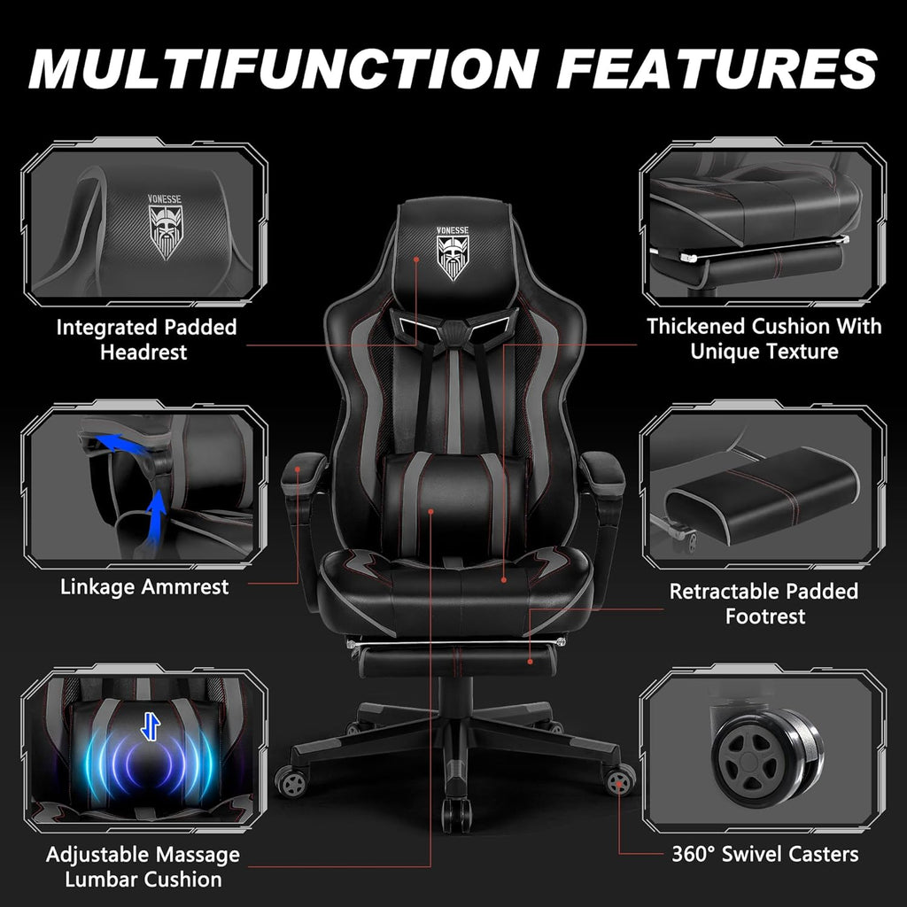 Vonesse Gaming Chair for Adults, Reclining Gaming Chairs with Footrest and Massage, Computer Gaming Chair for Heavy People,Ergonomic Gamer Chair Big and Tall (Black/Gray)