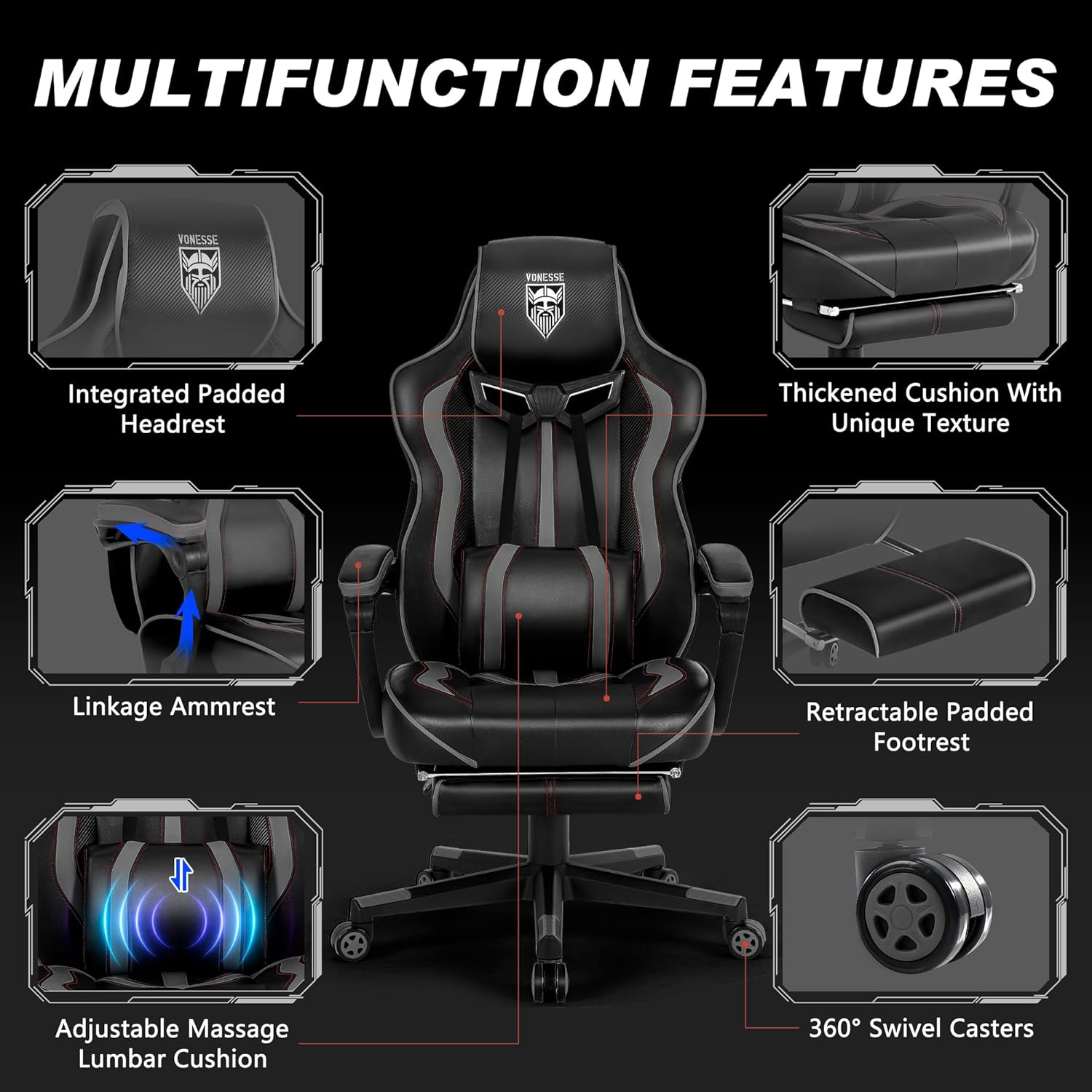 Vonesse Gaming Chair for Adults, Reclining Gaming Chairs with Footrest and Massage, Computer Gaming Chair for Heavy People,Ergonomic Gamer Chair Big and Tall (Black/Gray)