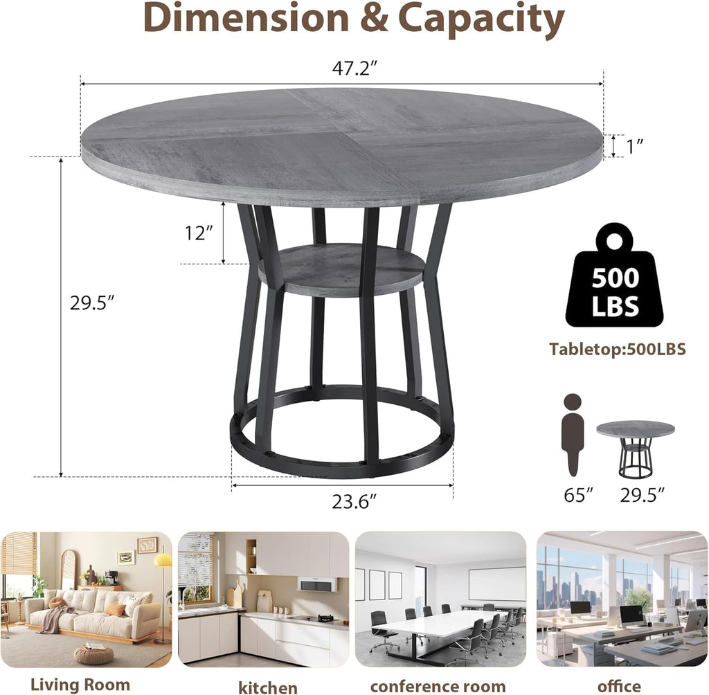 GarveeHome 47 in Inch Round Dining Table for 4, Farmhouse Dining Room Circle Dinner Table,Space Saving Wood Kitchen & Dining Room Furniture, Round Tables with Storage and Metal Legs, Grey (Only Table)