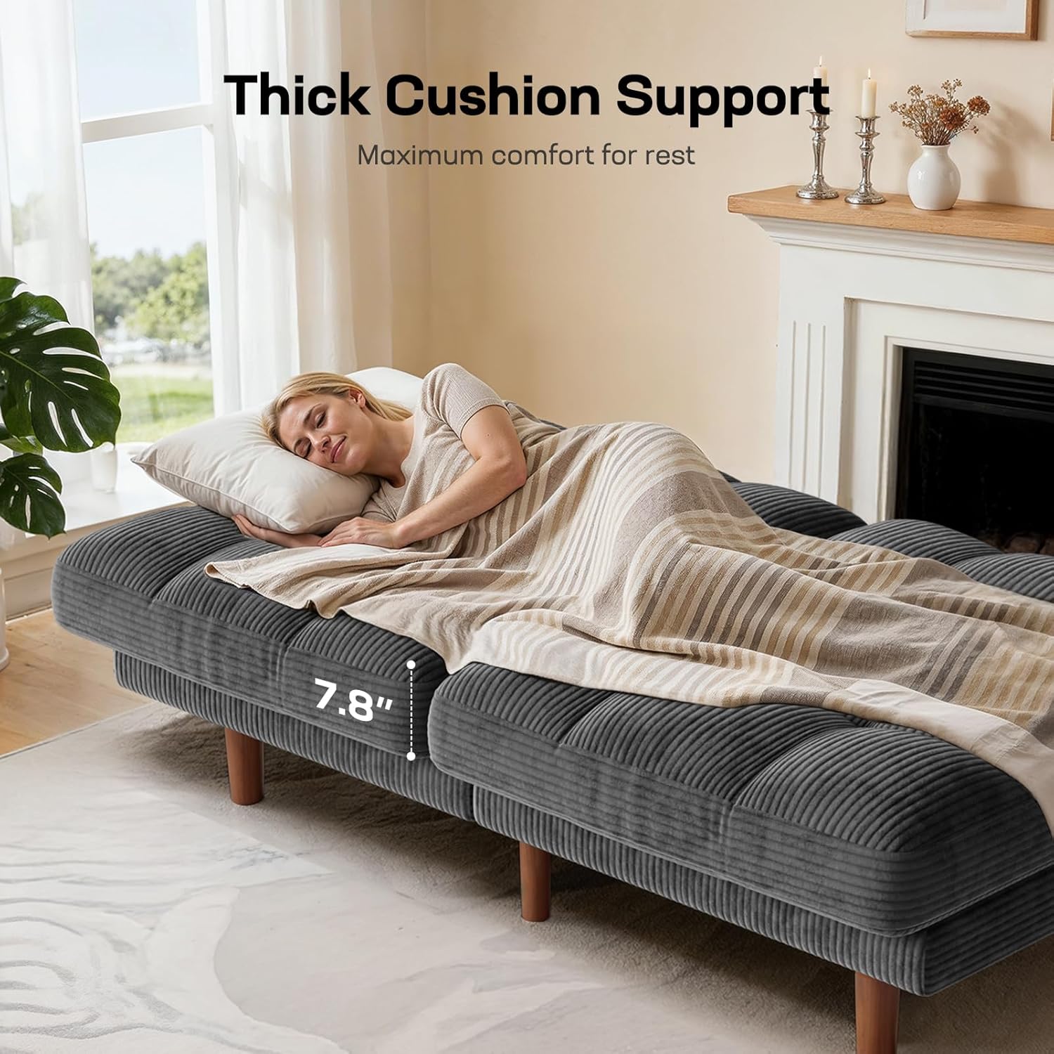 Marsail 65" Futon Sofa Bed, Convertible Small Recliner Sleeper Sofa Bed with Adjustable Backrest, Corduroy Loveseat Futon Couch for Small Apartments, Living Room Office, Guest Room (Grey)