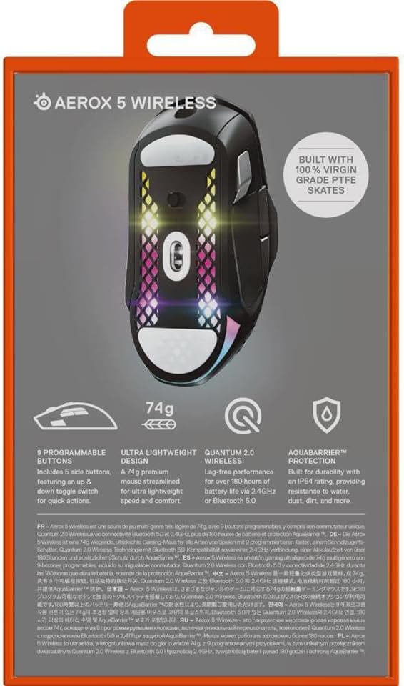 SteelSeries Aerox 5 Wireless - Holey RGB Gaming Mouse - Ultra-lightweight Water Resistant Design - 9 Buttons – Bluetooth/2.4 GHz - 18K DPI TrueMove Air Optical Sensor