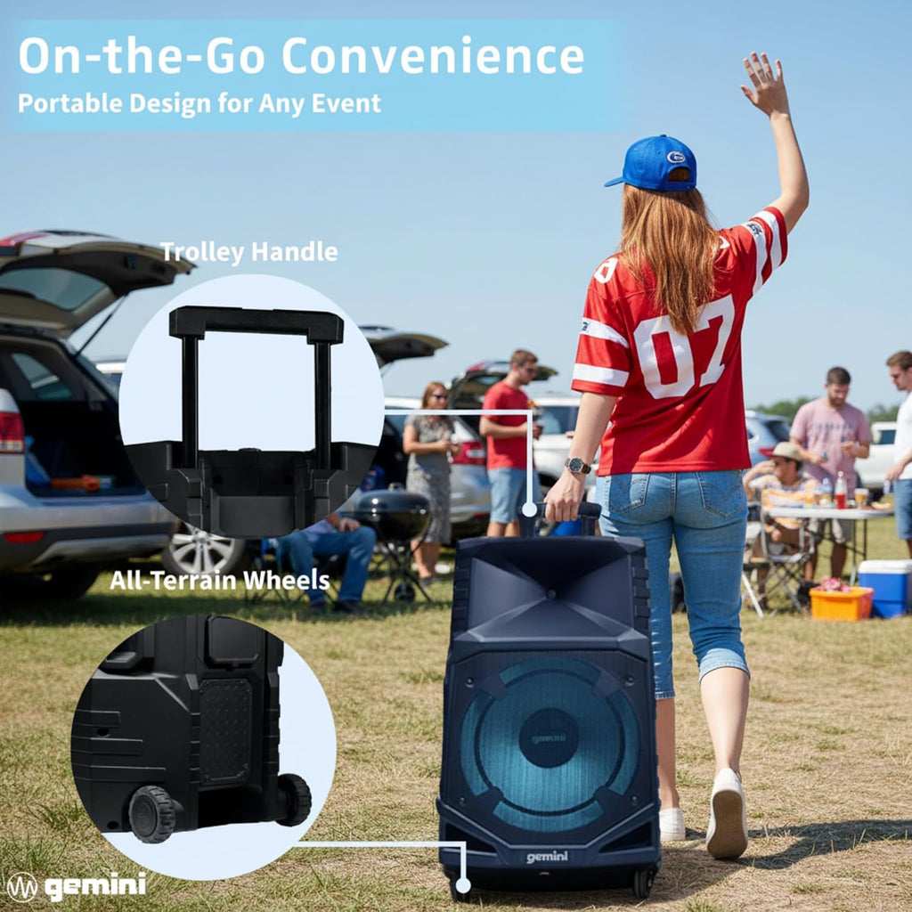 Gemini Sound Portable PA Speaker System with Bluetooth – 15" Woofer, All-Weather IPX4, 24Hr Battery, RGB LED Party Lights, Mic & Guitar Inputs, USB/FM Radio, Wireless Stereo Link (GXP-T1500)
