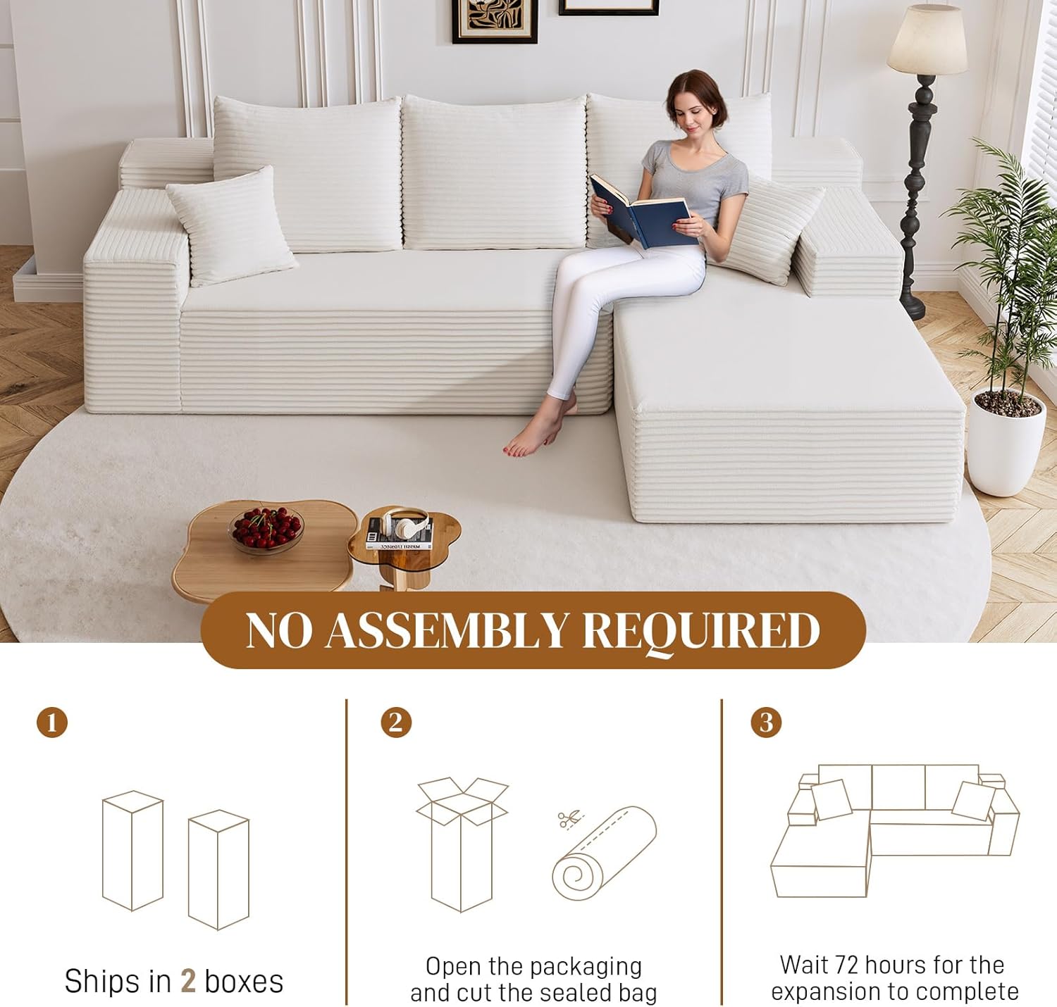108" L Shaped Boneless Sectional Couches for Living Room, Comfy Corduroy Floor Cloud Sofa with Chaise, Wide Armrest, Deep Seat, Memory Foam, Assembly Free, Ideal for Small Spaces, White