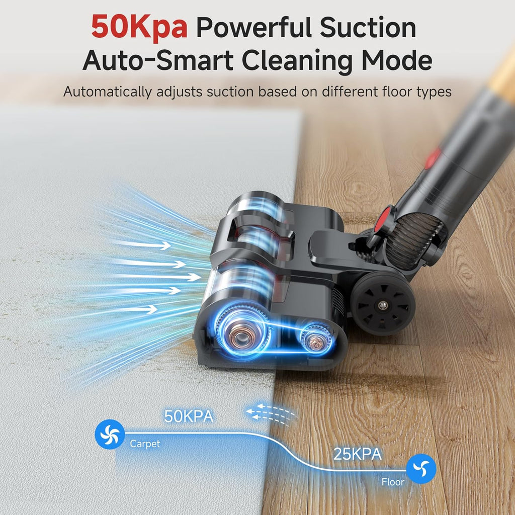 Cordless Vacuum Cleaner, 550W/50Kpa/70Mins Vacuum Cleaners for Home with Smart Auto Mode/LED Touch Display, Self-Standing Cordless Stick Vacuum Rechargeable, Vacuum Cleaner for Pet Hair/Carpet/Floors