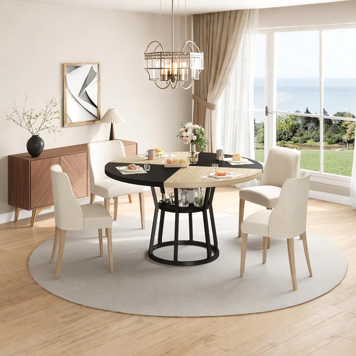 GarveeHome 47 Inch Round Dining Table with Storage Shelf, Farmhouse Circle Kitchen Table for 4-6, Space-Saving Wood Top, Metal Legs, for Kitchen, Dining & Living Room, Apartment, Table Only-Black Wood
