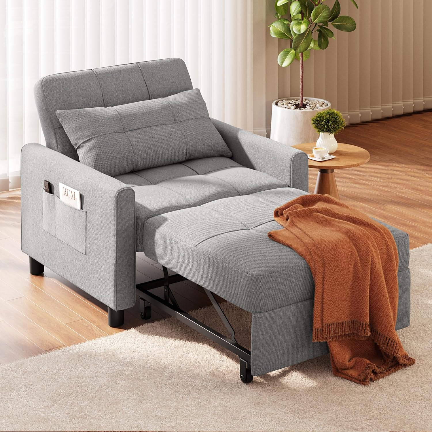 Ahomly Sleeper Sofa Chair Bed, Convertible Sofa Chair 3-in-1, Adjustable Sleeper Chair Pullout Sofa Bed with Modern Linen Fabric for Living Room Apartment Small Space, Grey