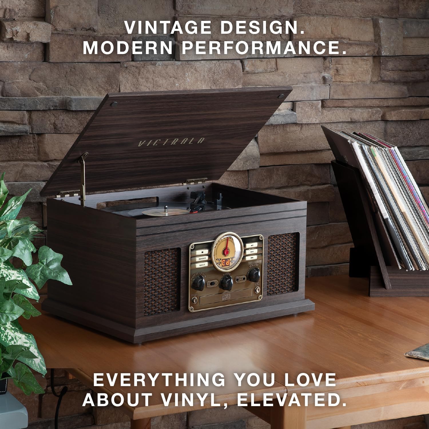 Victrola The Quincy 6-in-1 Bluetooth Record Player & Multimedia Center with Built-in Speakers – 3-Speed Turntable, CD & Cassette Player, FM Radio, Wireless Music Streaming (Mahogony)