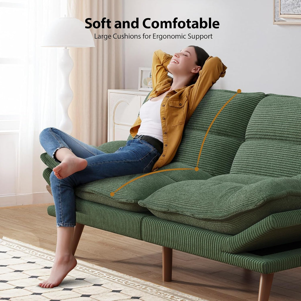 Pipishell Futon Sofa Bed, Convertible Futon Adjustable Backrest & Armrests, Corduroy Sleeper Couch for Small Spaces, Living Room, Office, Guest Room (Moss Green, 66 Inch)