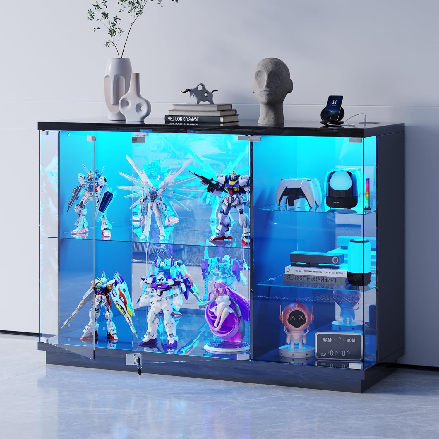 Lvifur Glass Display Cabinet with Lock & LED Light, High Gloss Sideboard with Human Body Sensor & Glass Shelves for Toys, Books, Collectibles, Liquor, Bookcase for Living Room, Kitchen, Study, Black