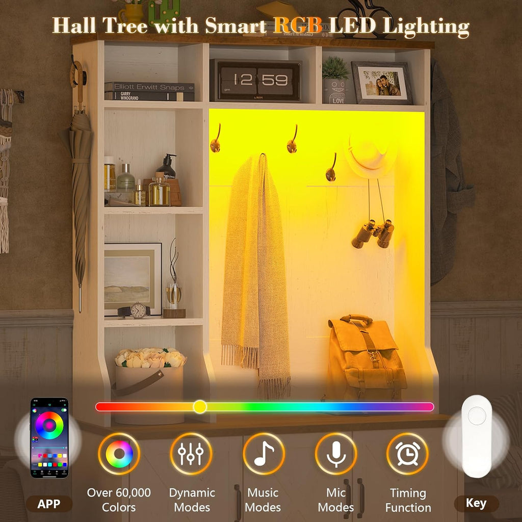CSZZD Hall Tree with Bench and Shoe Storage, Farmhouse Entryway Bench with Coat Racks and Led Lights, Tall Hall Tree with 7 Coat Hooks, 6 Storage Cubbies, Adjustable Shelf