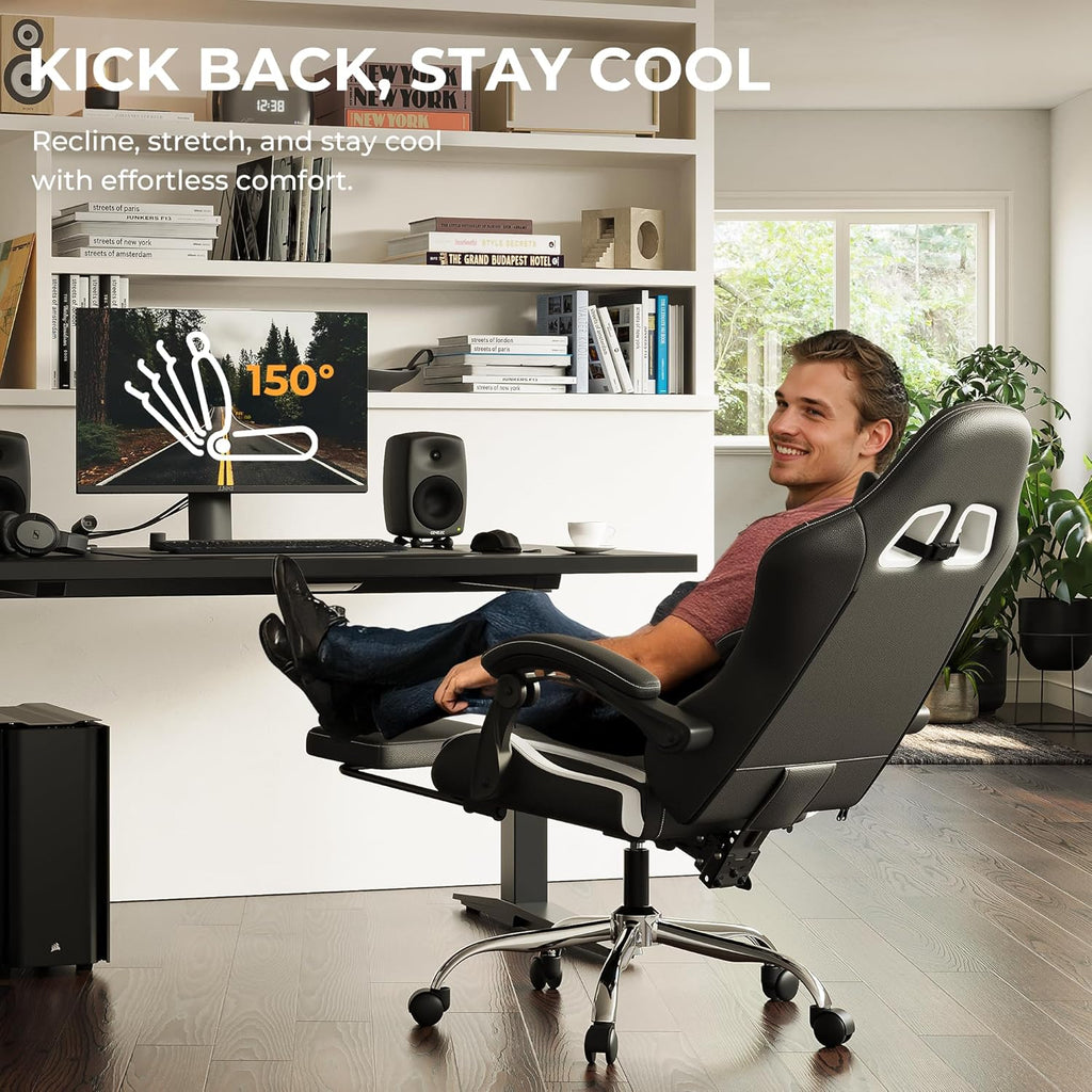 Dowinx Gaming Chair with Footrest, 330lbs Computer Chair 2D Lift Linkage Armrest, Massage Lumbar, Height Adjustable Ergonomic Comfy Video Game Chairs for Home Office Streaming, Long Gaming, White
