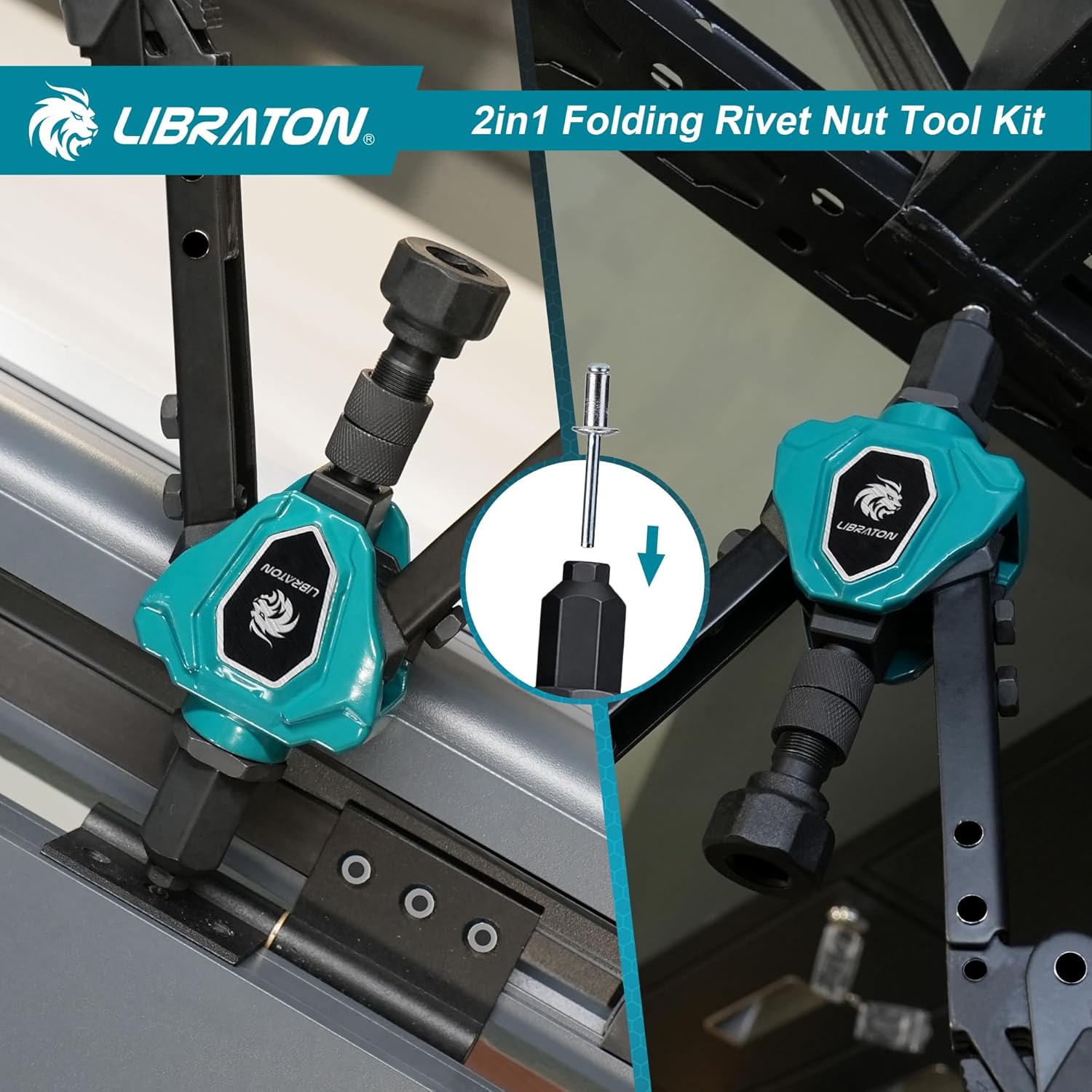 LIBRATON 2in1 Rivet Nut Tool and Rivet Gun Kit Folding, with 11 Mandrels (Metric & SAE) & 5 Nose Pieces (2.4-6.4mm), Includes 100 Nuts & 200 Pop Rivets, Folding Heavy Duty Hand Tool for DIY & Repair