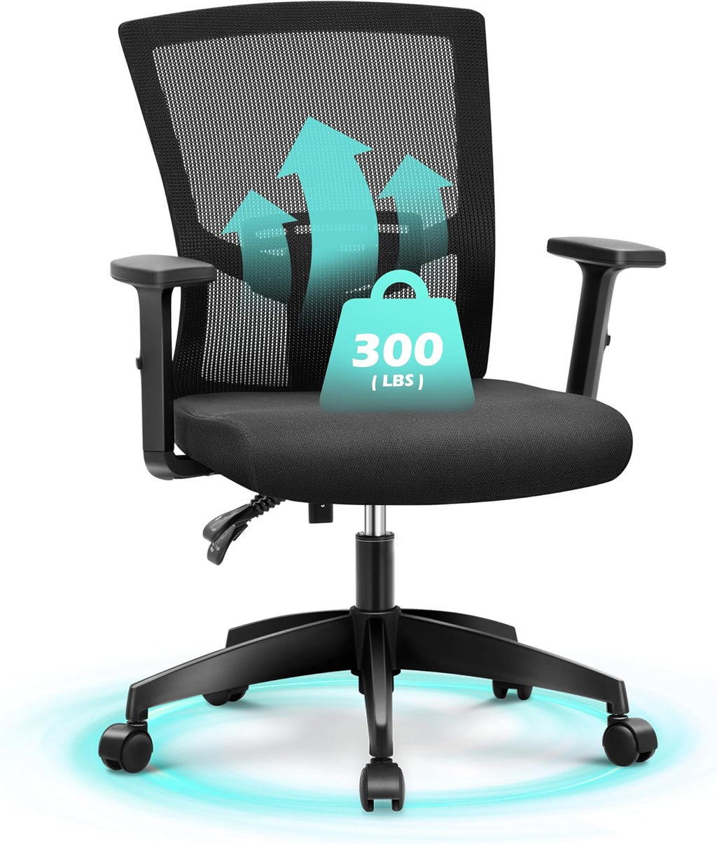ALPHA HOME Office Chair Ergonomic, Mid Back Mesh Computer Chair with Lumbar Support Executive Stool with Adjustable Armrest & Seat Cushion, BIFMA & SGS Certified