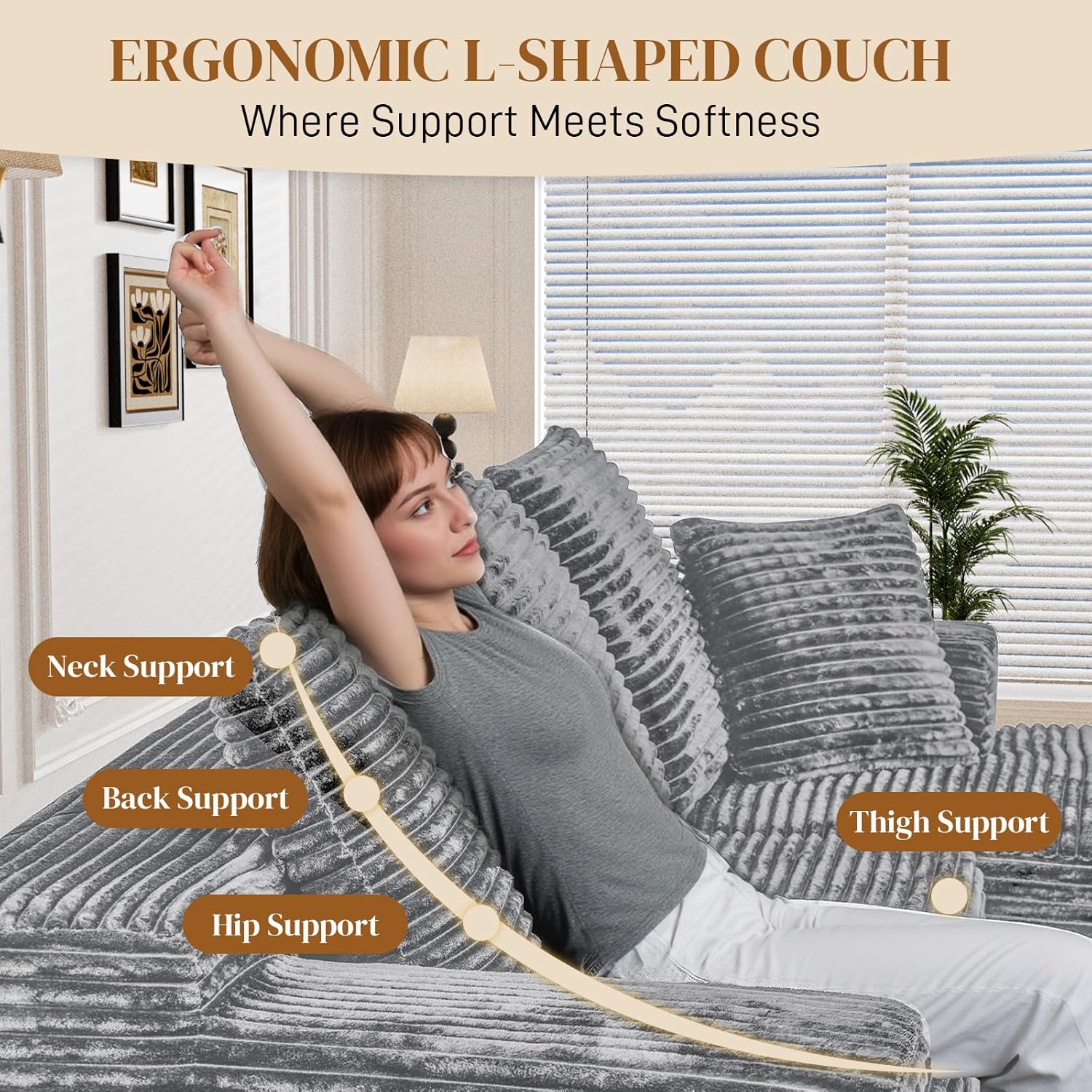 108" L Shaped Boneless Sectional Couches for Living Room, Comfy Corduroy Floor Cloud Sofa with Chaise, Wide Armrest, Deep Seat, Memory Foam, Assembly Free, Ideal for Small Spaces, Grey