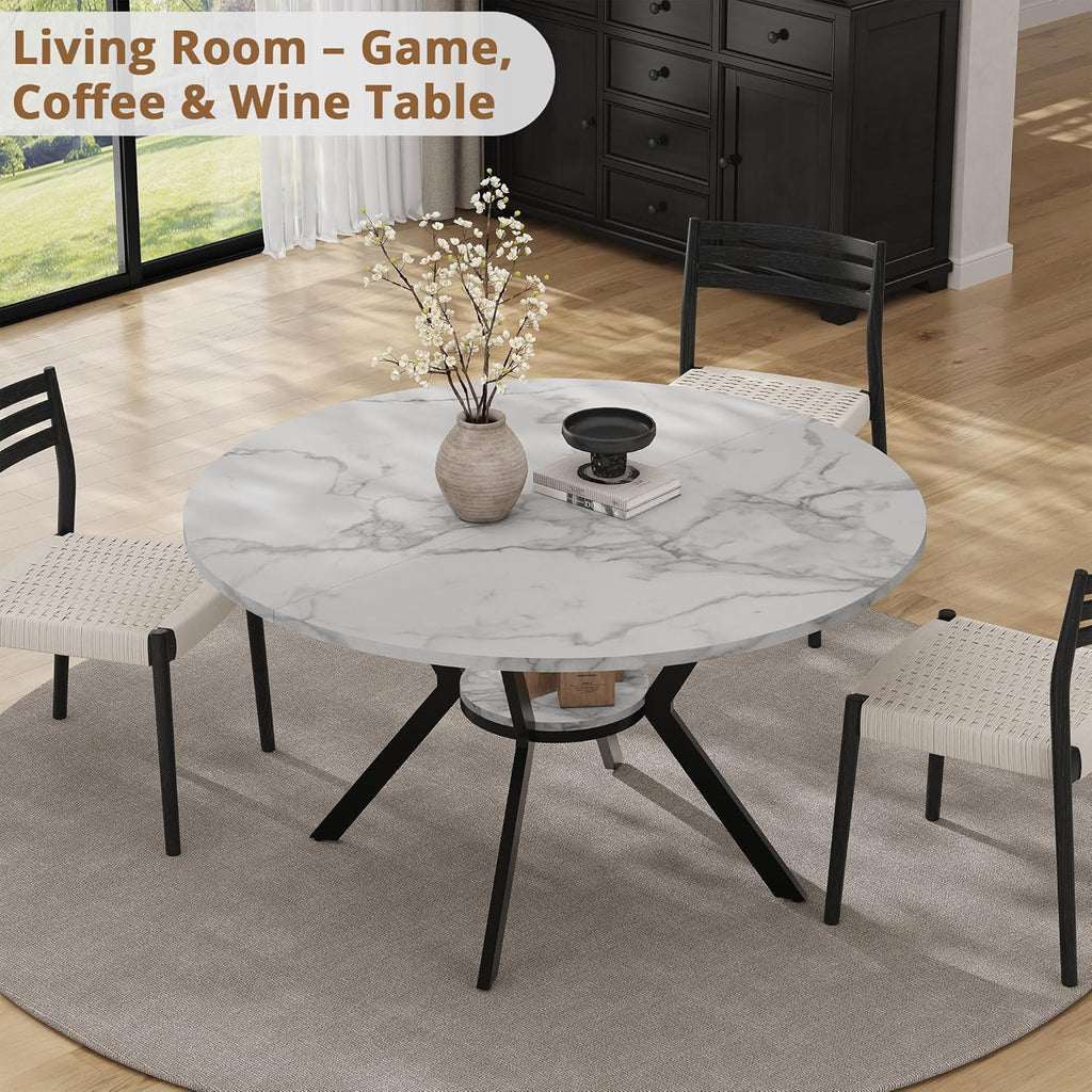 42" Round Dining Table for 2-4, Modern Kitchen Table with Faux Marble Tabletop & Metal Legs, Space Saving Circle Table with Storage, Wood Kitchen & Dining Room Tables for Kitchen Dining Room
