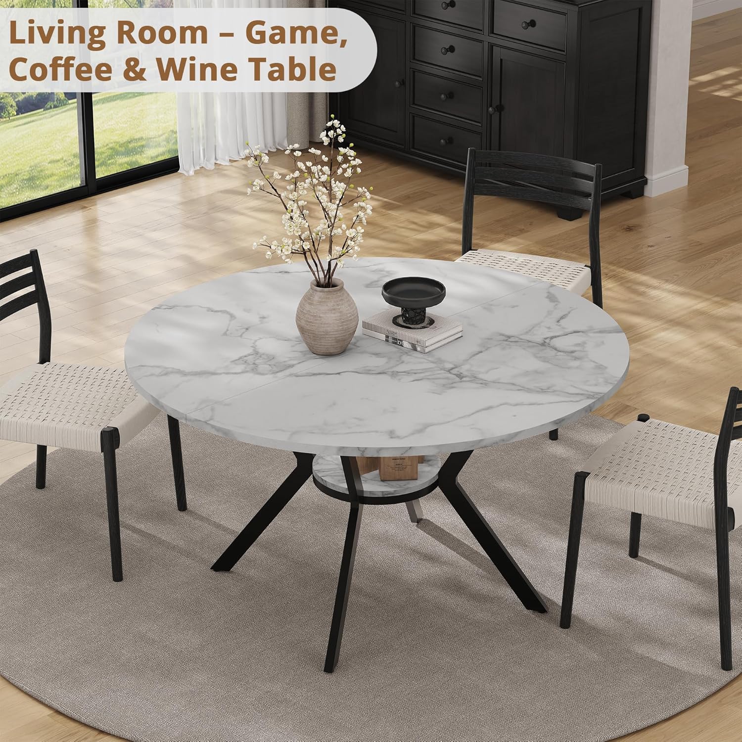 42" Round Dining Table for 2-4, Modern Kitchen Table with Faux Marble Tabletop & Metal Legs, Space Saving Circle Table with Storage, Wood Kitchen & Dining Room Tables for Kitchen Dining Room