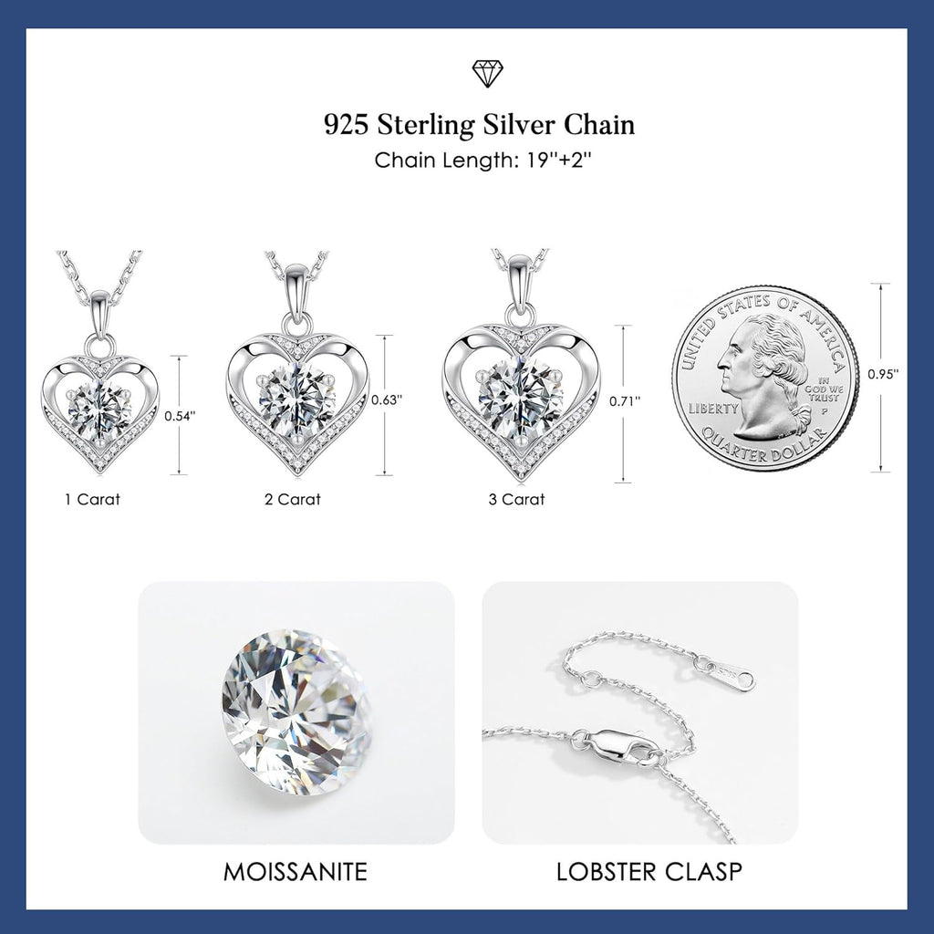 MOOSEA Mothers Day Gifts - 925 Sterling Silver Heart Moissanite Pendant Necklace, 1-3 Carat Lab Created Moissanite, Anniversary Birthday Gifts for Women Mom Wife Girlfriend Grandma Jewelry Gift