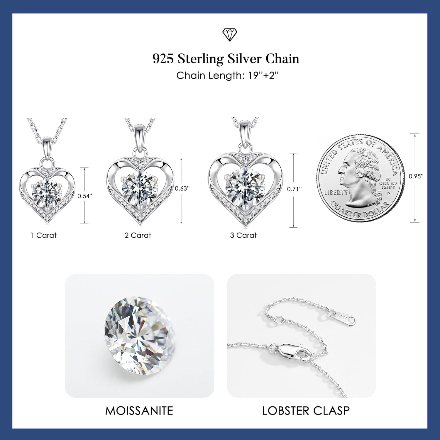 MOOSEA Mothers Day Gifts - 925 Sterling Silver Heart Moissanite Pendant Necklace, 1-3 Carat Lab Created Moissanite, Anniversary Birthday Gifts for Women Mom Wife Girlfriend Grandma Jewelry Gift